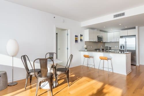 Stainless steel Bosch appliances and Studio Becker cabinetry are both included in the design of the kitchens, complete with hardwood flooring throughout. 