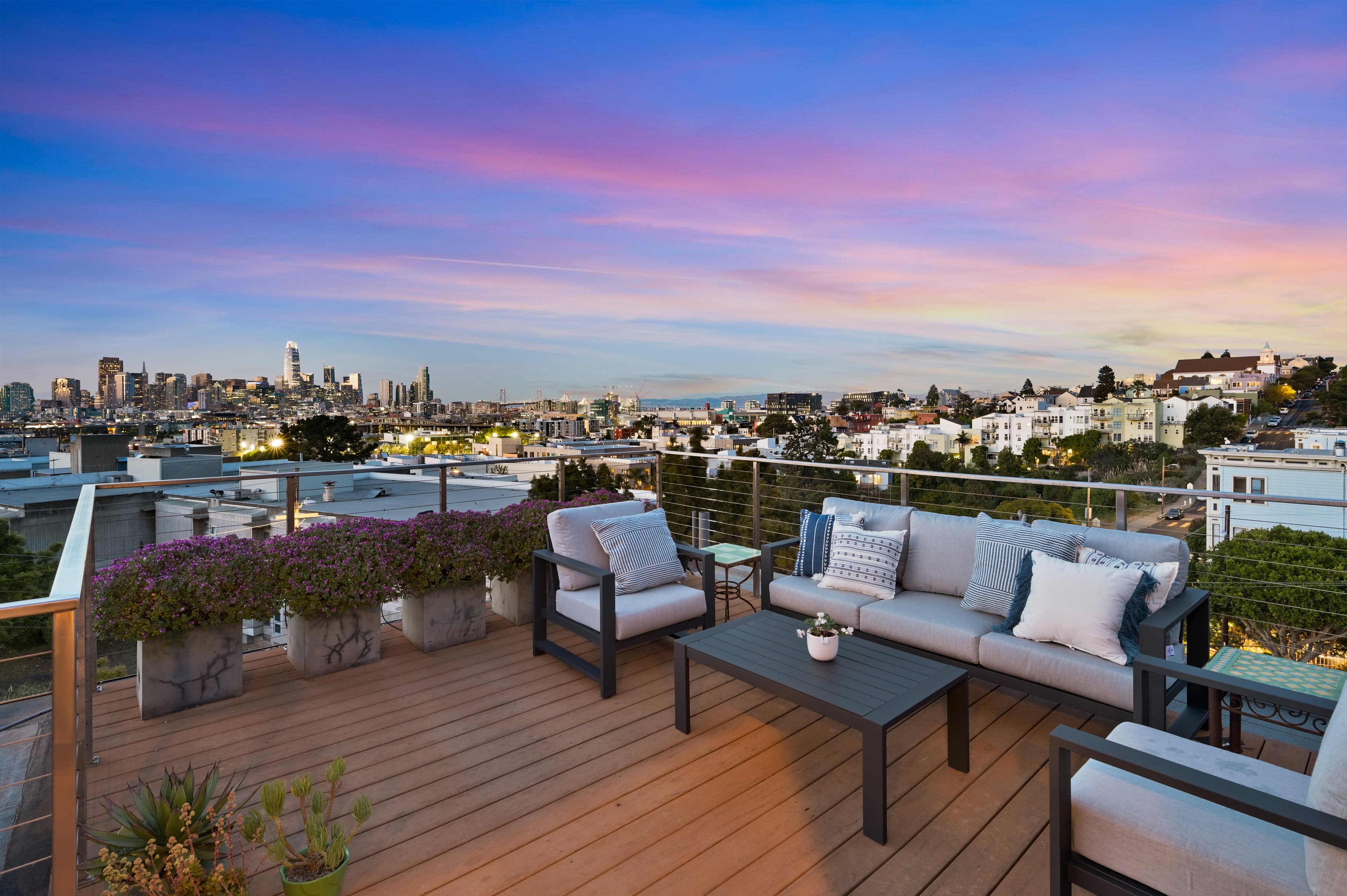 Twilight city view from the rooftop deck of 1817 19th in Potrero Hill