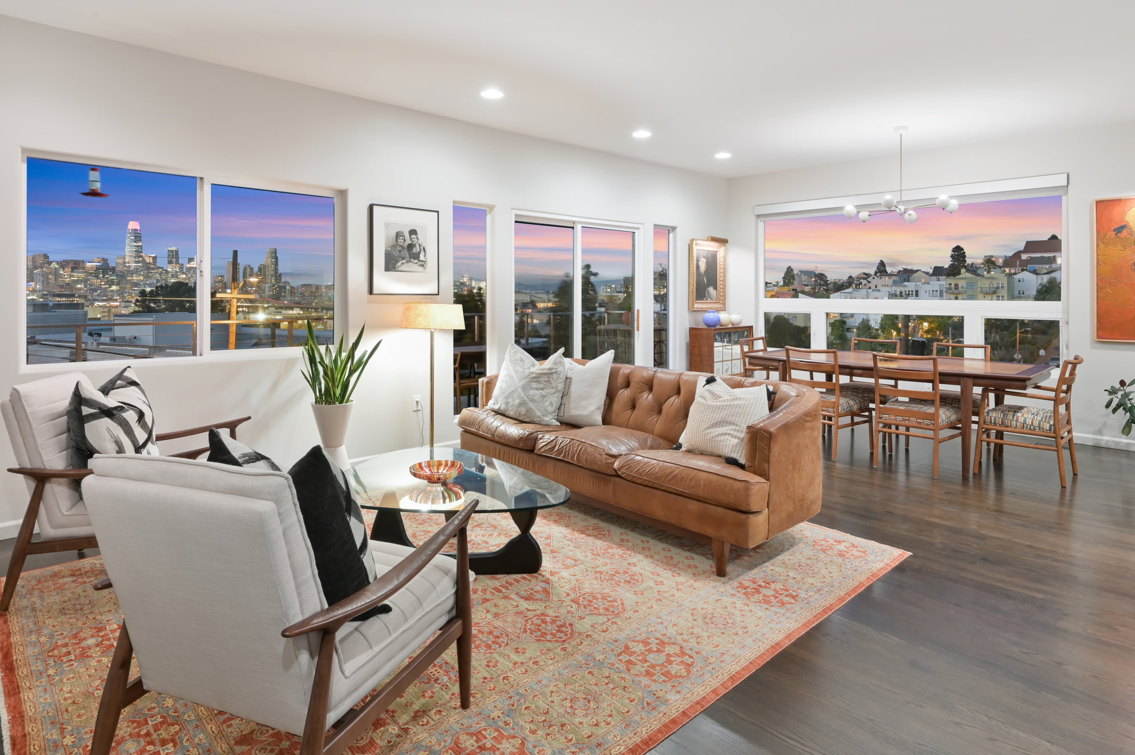 Twilight city view from the living room of 1817 19th in Potrero Hill