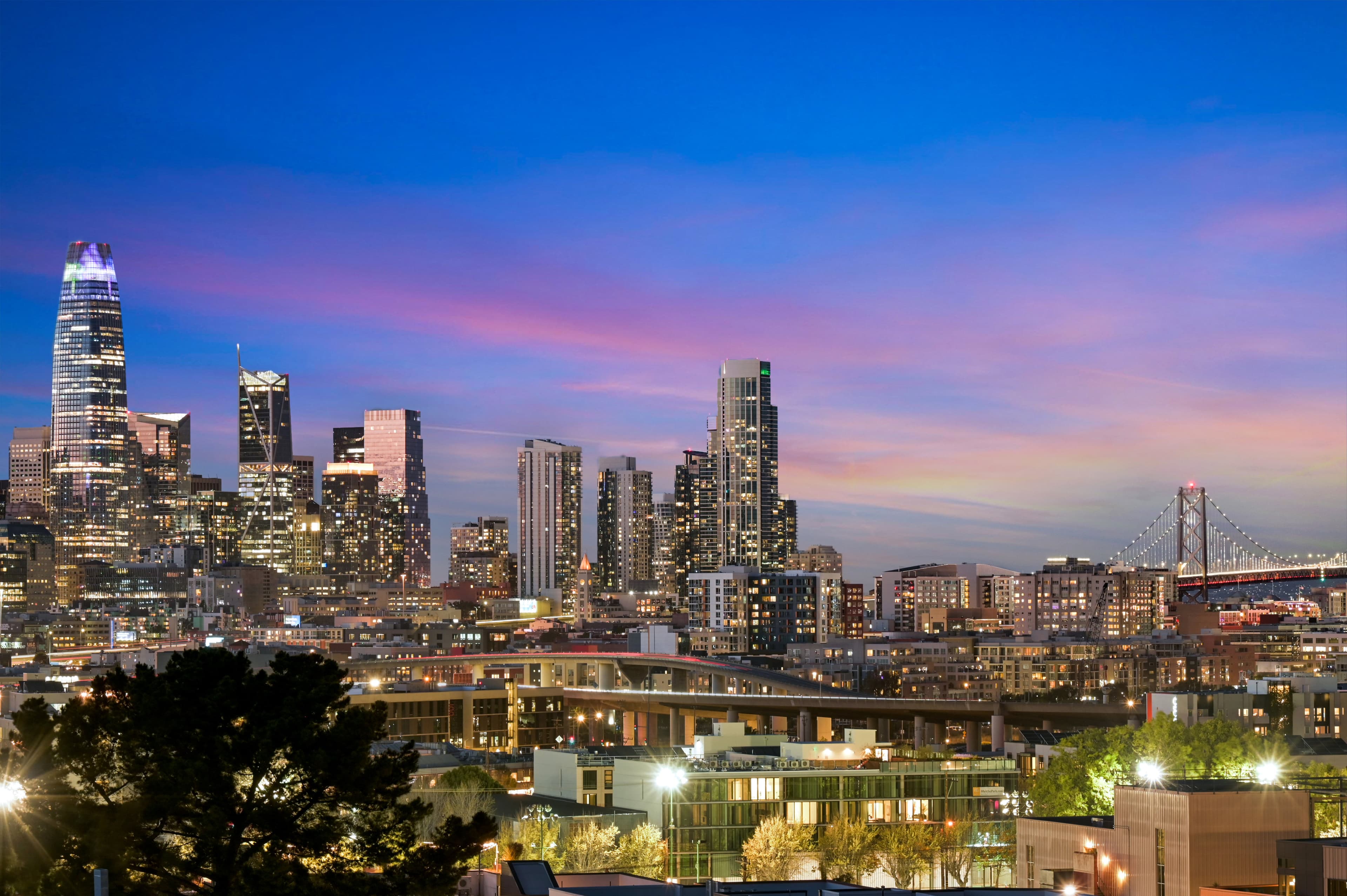 Twilight city view from 1817 19th in Potrero Hill