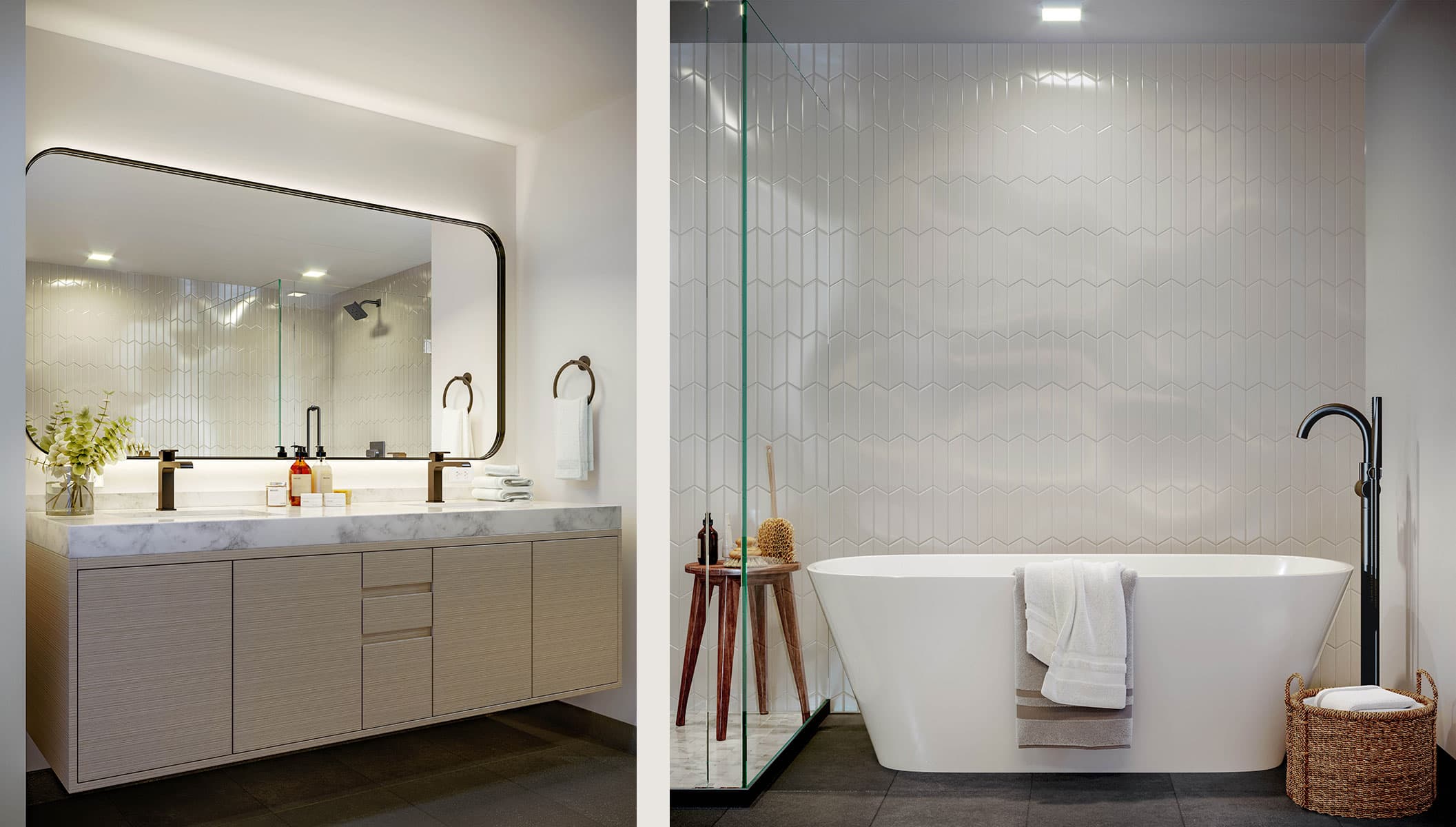 Ceramic tile, Domus & Domus wooden cabinetry, stone countertops, and polished chromes and black matte fixtures work together in 950 Tennessee bathrooms to establish an atmosphere of opulence and elegance. 