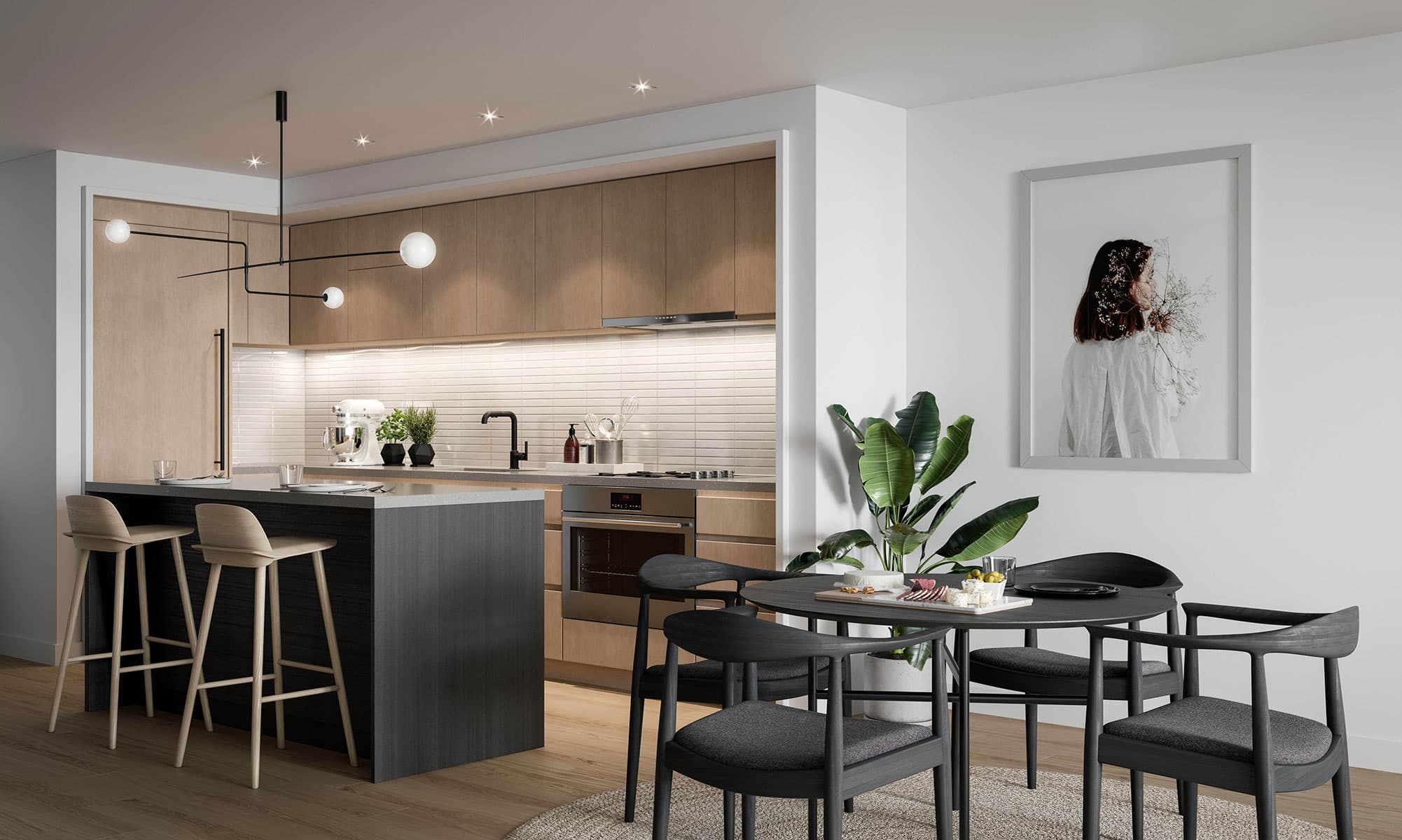 The kitchens are decorated with Ceasarstone countertops and ceramic backsplashes, as well as stainless steel dishwashers, wall ovens, and gas cooktops. 