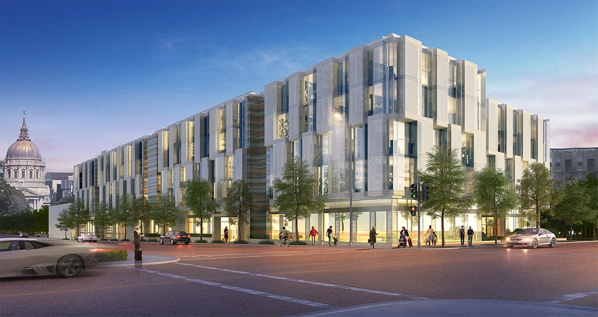 Fulton 555 is five stories tall and holds 139 residences, as well as an on-site organic grocery market.