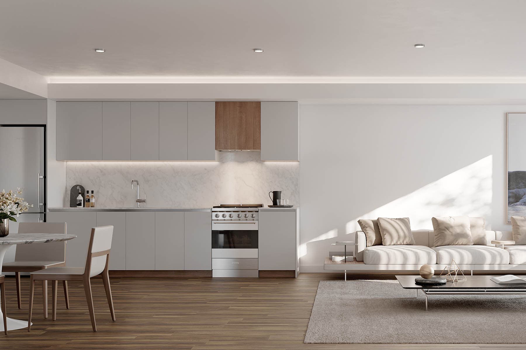 Natural color palettes, large windows, and spacious floor plans work together to create an open, breathable experience for residents of Maison Au Pont. 