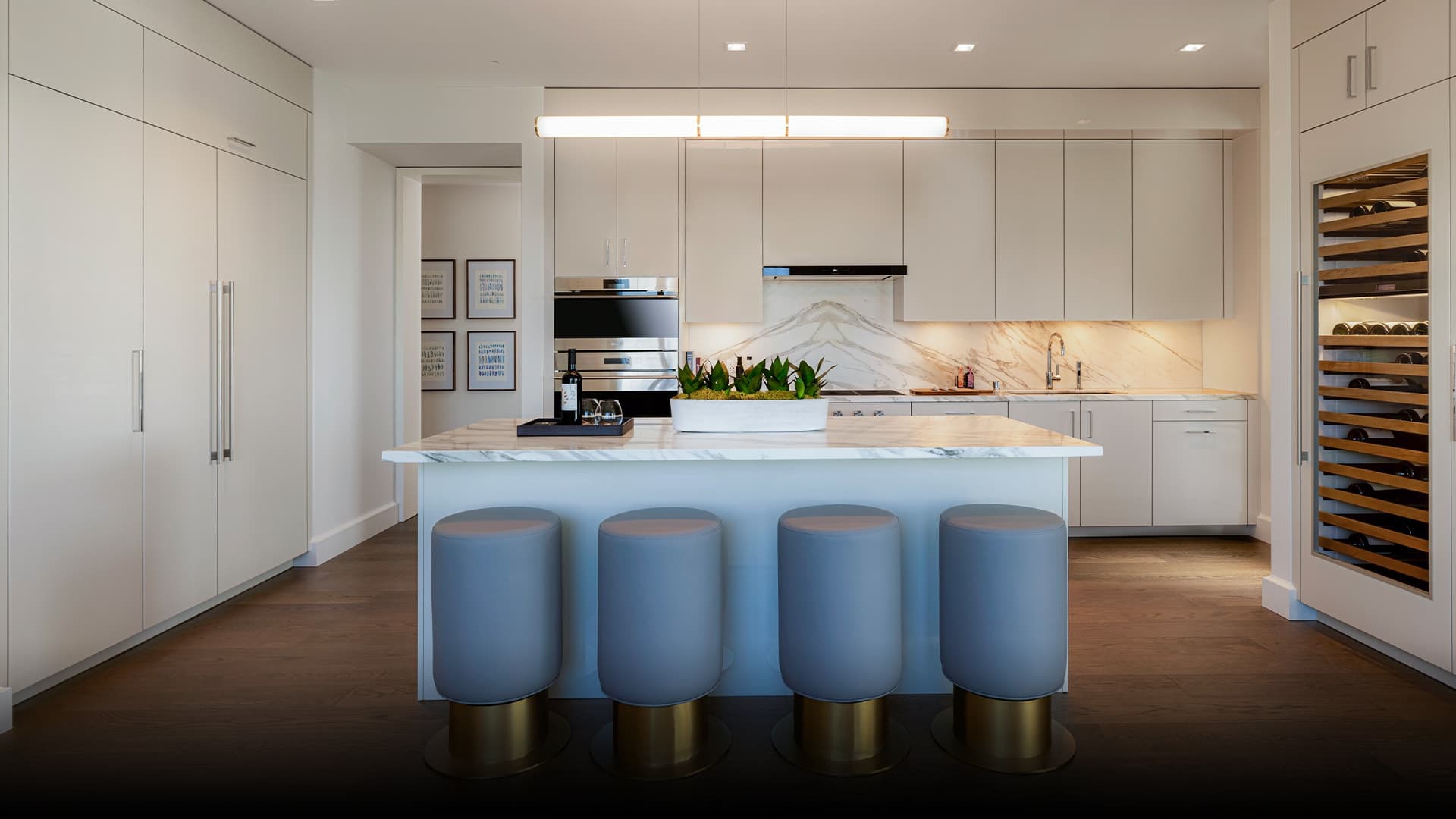 The gourmet kitchens are designed with German milled cabinetry and Calacatta Oro Italian marble. They are also finished off with a 146-bottle wine storage that is perfect for storing favorite wines and stocking up for gatherings or celebrations. 