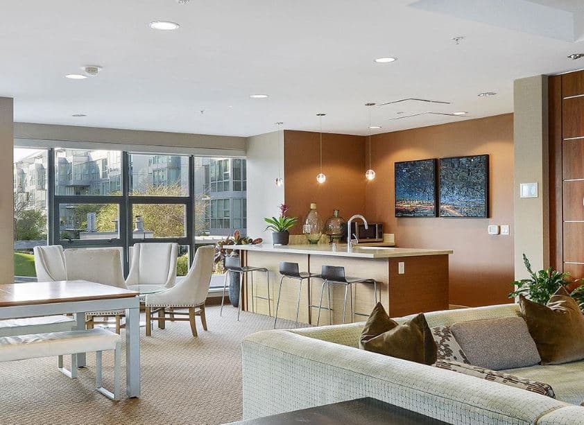 Just one of the many amenities offered at the Radiance is a gourmet kitchen and lounge with a flat screen tv that creates the perfect space for hangouts, relaxation, or celebration. 