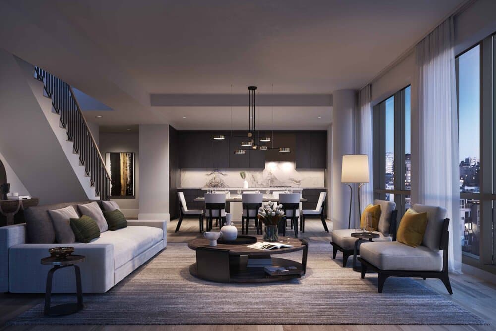 Union House living room with stairs in the background