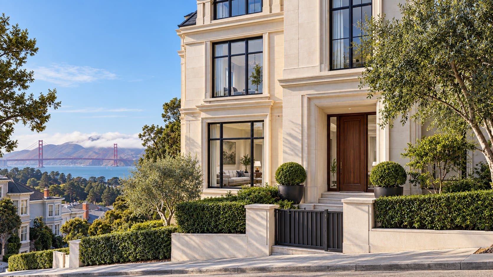 Limestone townhouse in Pacific Heights with the Golden Gate Bridge beyond