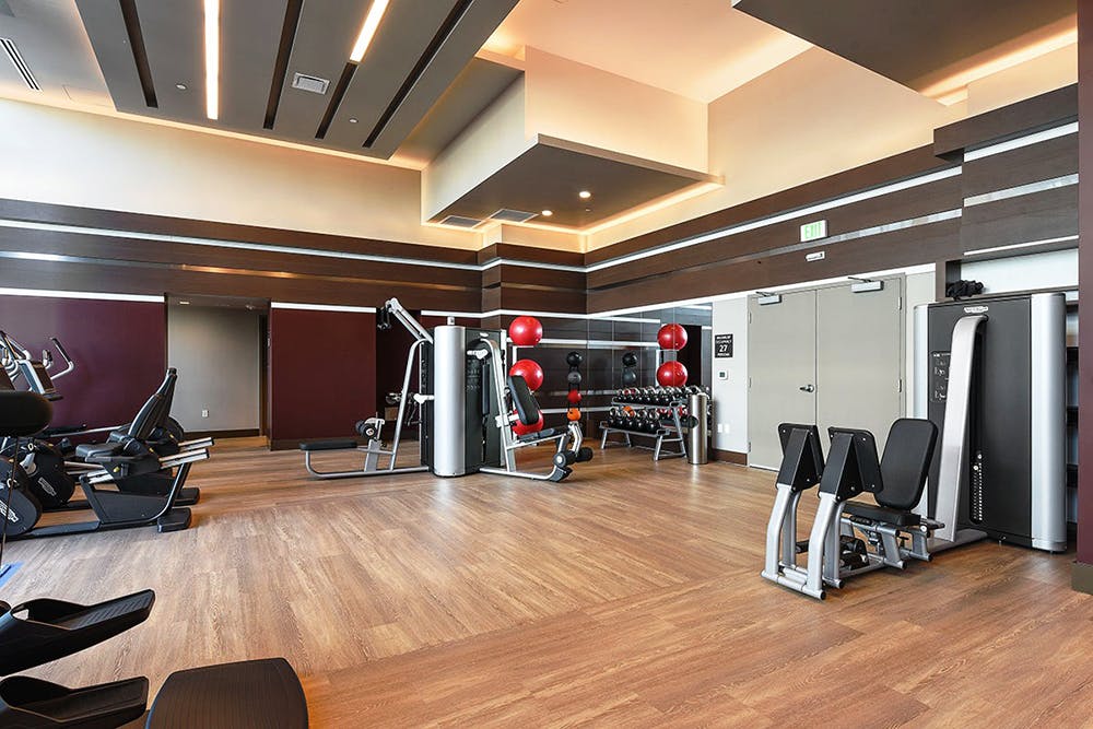 With tall ceilings and a fully equipped assortment of machines and equipment, the fitness center is just one of the many amenities available to residents of Arden. 