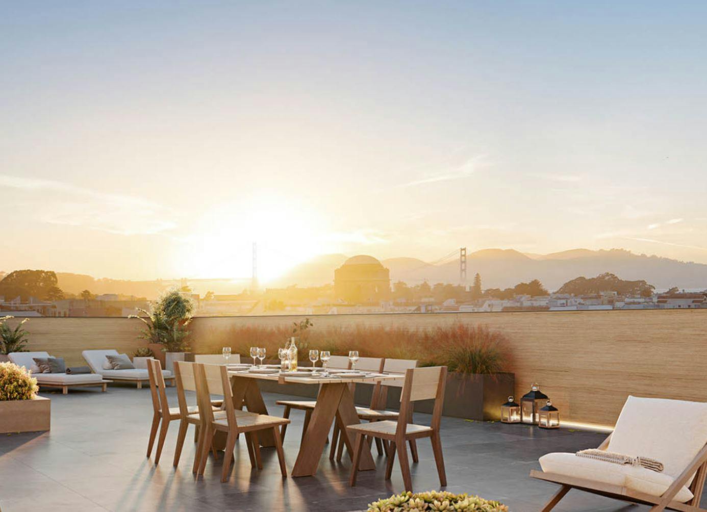 The roof deck of Maison Au Pont, equipped with lounge seating and a grill, has marvelous city and bay views that take advantage of the structure's location in the Marina District. Photo courtesy of maisonaupontsf.com