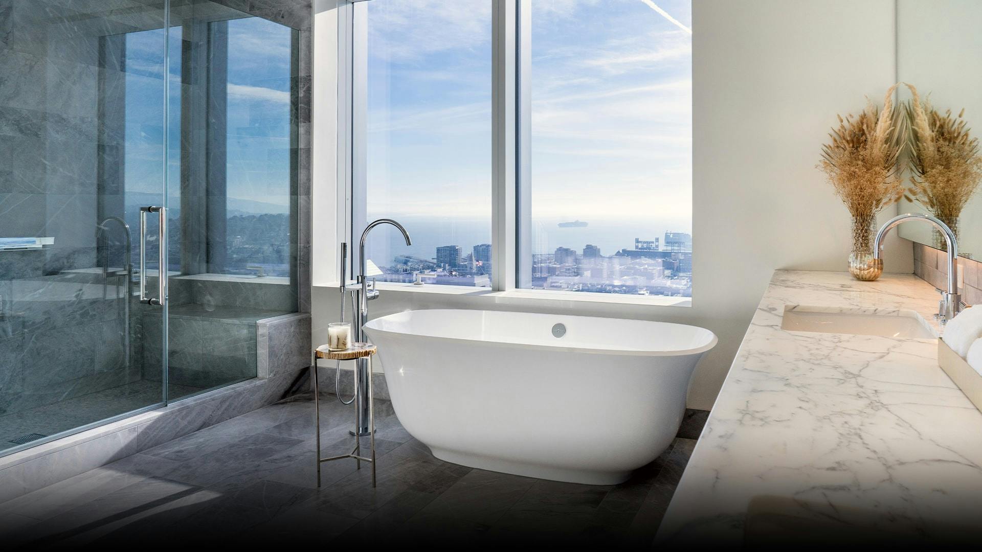 With Blue de Savoie French marble countertops, German milled cabinetry, and a key Victoria & Albert Amiata Tub, the master bathrooms in the Tower are made to be relaxing and refreshing. 