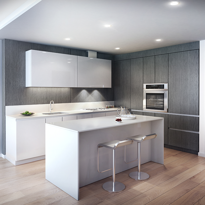 The residence kitchens in the Luxe are custom designed by Studio Becker with mobile islands and marble countertops that work together to create a sleek, modern appearance. 