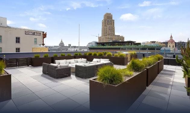 From the Stage 1075 roof deck, one will see north and south views of the city, with the structure being bordered by Market Street and Stevenson Alley. 