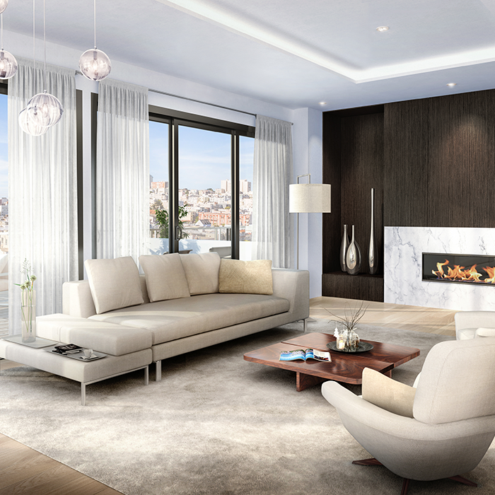 With a frameless gas fireplace and numerous custom designs, the penthouse in the LuXe is spacious, luxurious, and regal in nature. It boasts a high-class lifestyle accentuated by comfort.