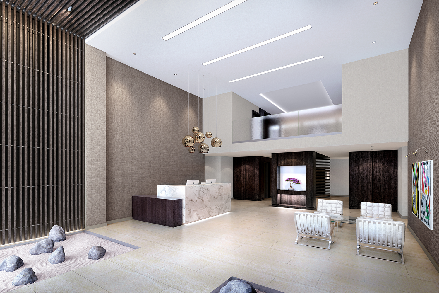 The grand lobby of the LuXe is two stories and capacious in appearance, decorated with a light, contemporary color palette.