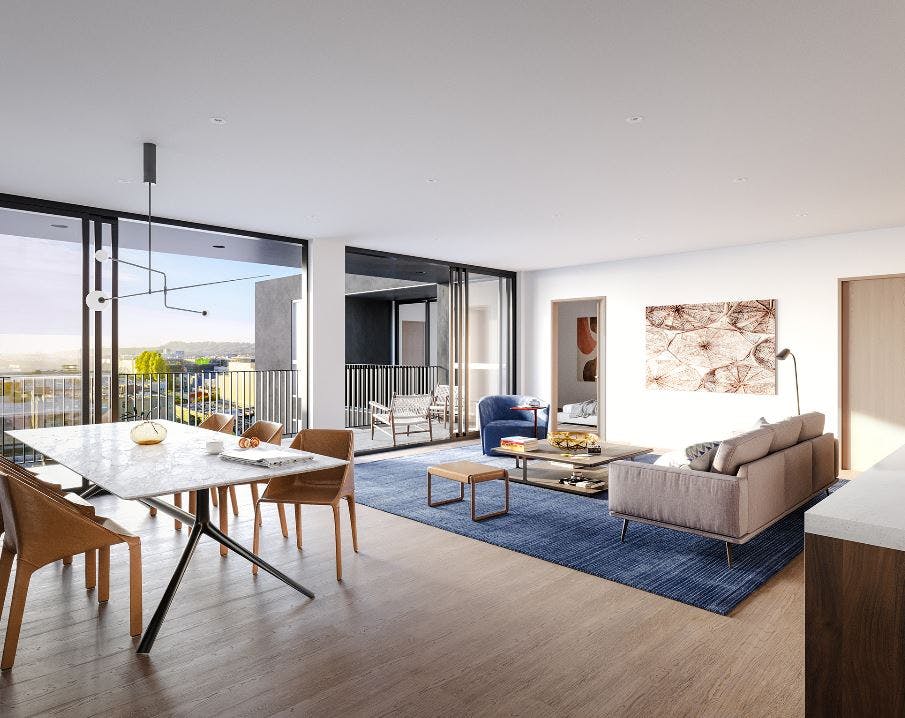 Floor to ceiling windows, expansive living rooms, and natural lighting illuminate the spaces in Maison a Soma. 