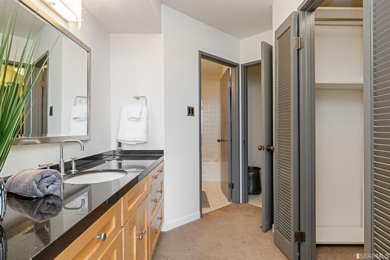Bathrooms in 101 Lombard have shower-over-tub designs, as well as pristine countertop and walking space. 