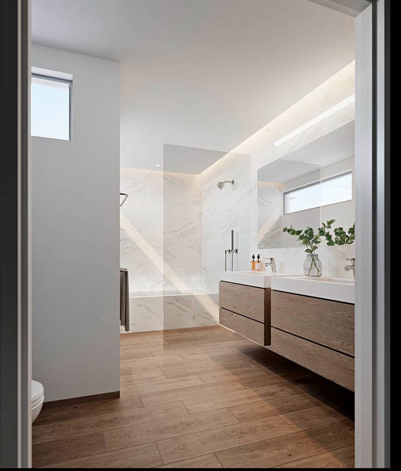 Decorated with porcelain plank tile, marble stone, and single or (for select homes) double vanities, the bathrooms in Maison Au Pont are luxurious and classy. 