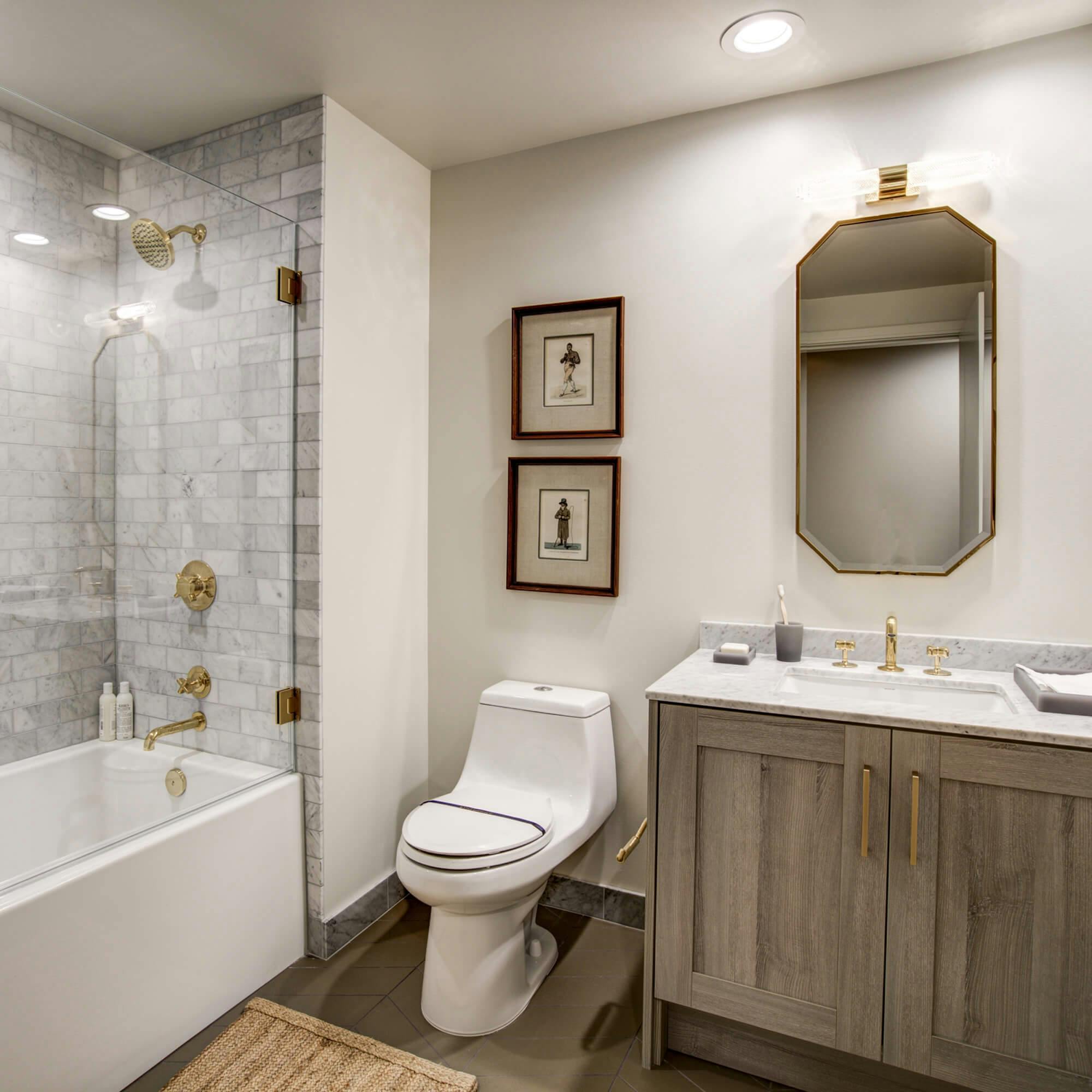 The bathrooms in residences of the Harrison are clean, contemporary, and refreshing, boasting a perfect place for self-care and relaxation.