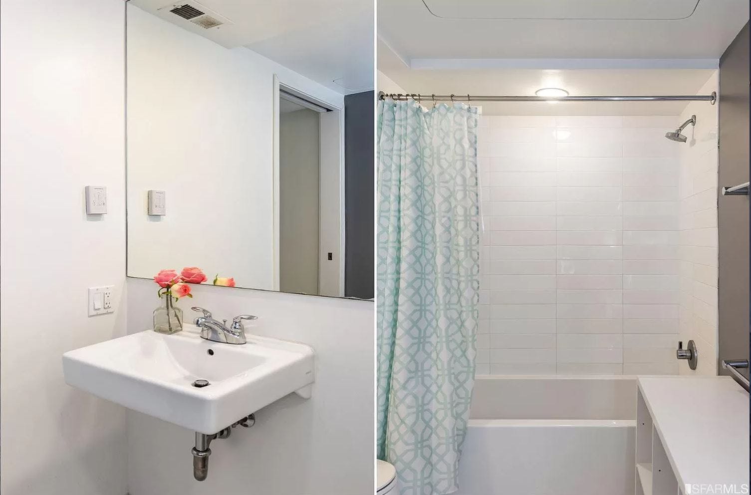 The bathrooms in 400 Grove are adorned with tile, over-bath-showers, and ceramic sinks. 