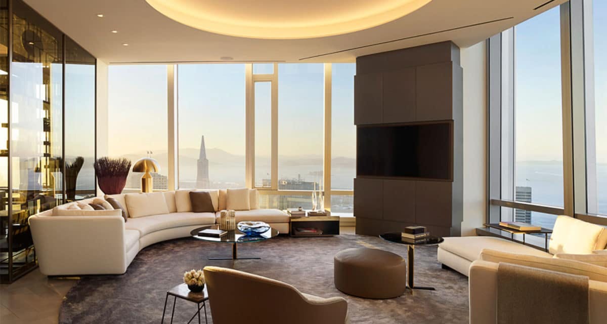 The penthouse in 181 Fremont has beautiful views of the bay and the city. Its floor plan includes a master bedroom and bathroom, walk in closet, living room, den, kitchen, dining room, and more. Photo courtesy of the 181 Fremont website. 