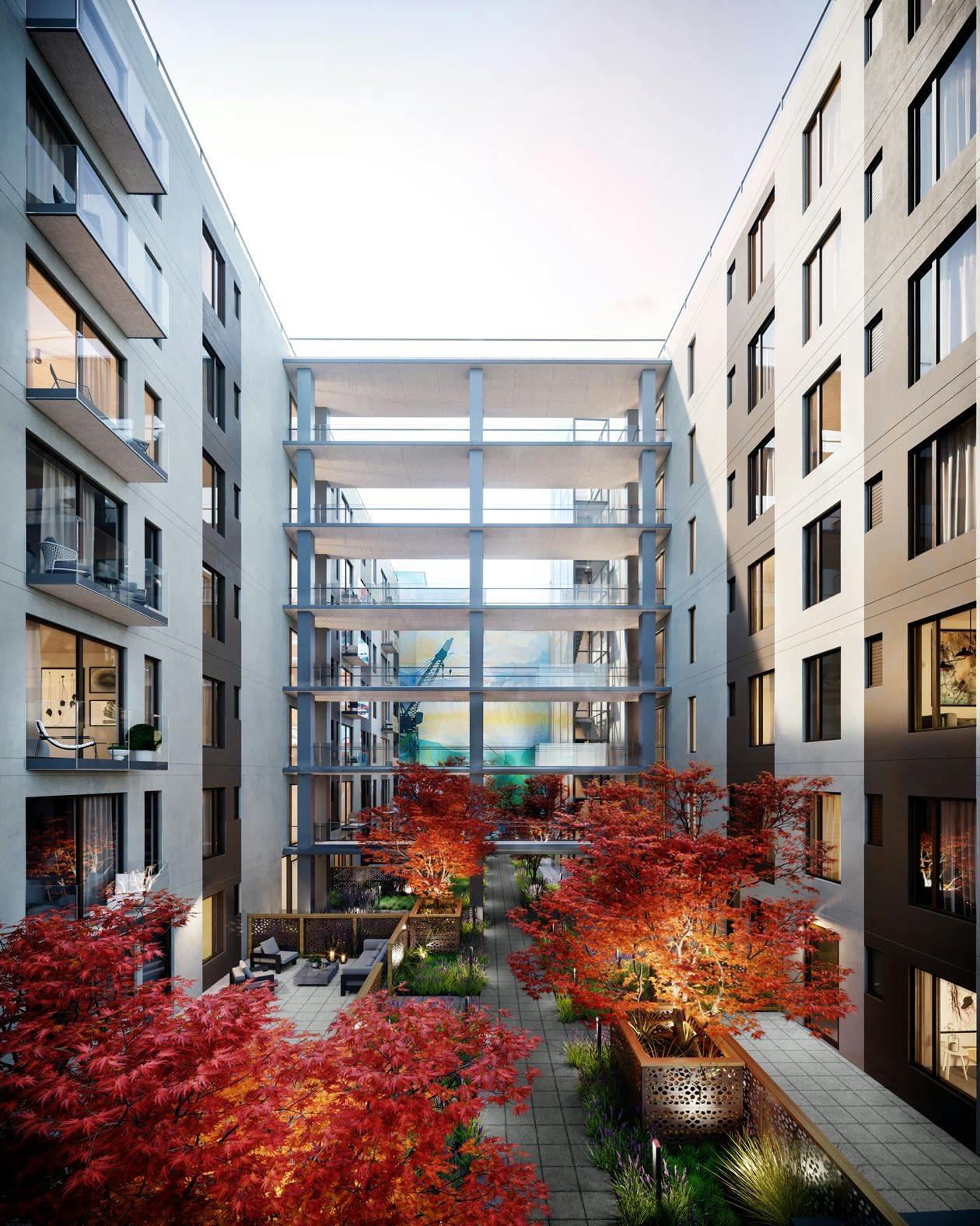 Residences at 2177 Third not only have views of the city and the bay, but also may look down into a immaculately landscaped courtyard with a meticulously curated aesthetic. 