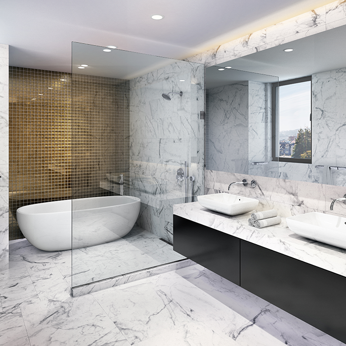 Adorned with Italian tile and a custom Studio Becker vanity, the bathrooms in the LuXe are grand, providing a palatial experience for its residents. 